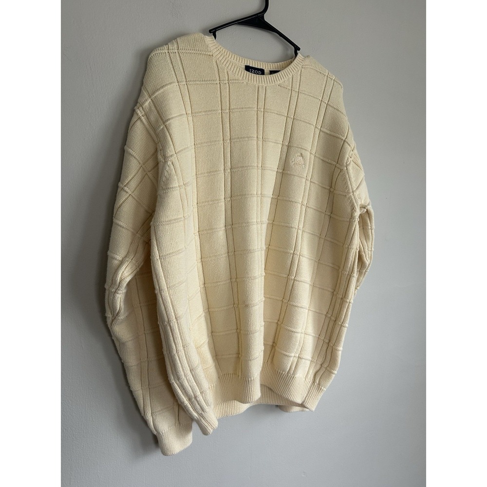 Vintage 90s IZOD 100% Cotton Sweater Knit Casual Pastel Yellow Golf Size Large - Picture 2 of 12
